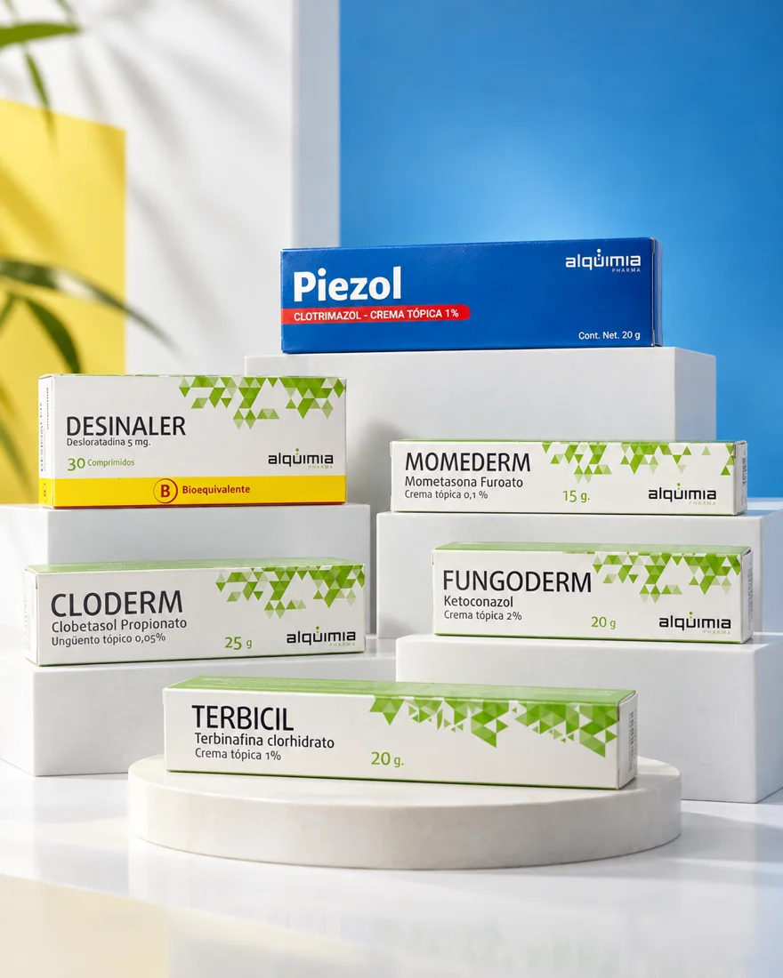 Portafolio Alquimia Pharma: Piezol, Desinaler, Momederm, Cloderm, Fungoderm y Terbicil